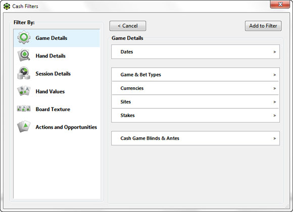 Фильтры кэш-игр в PokerTracker