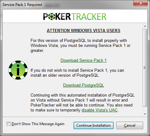 Poker Tracker - предупреждение для пользователей Vista