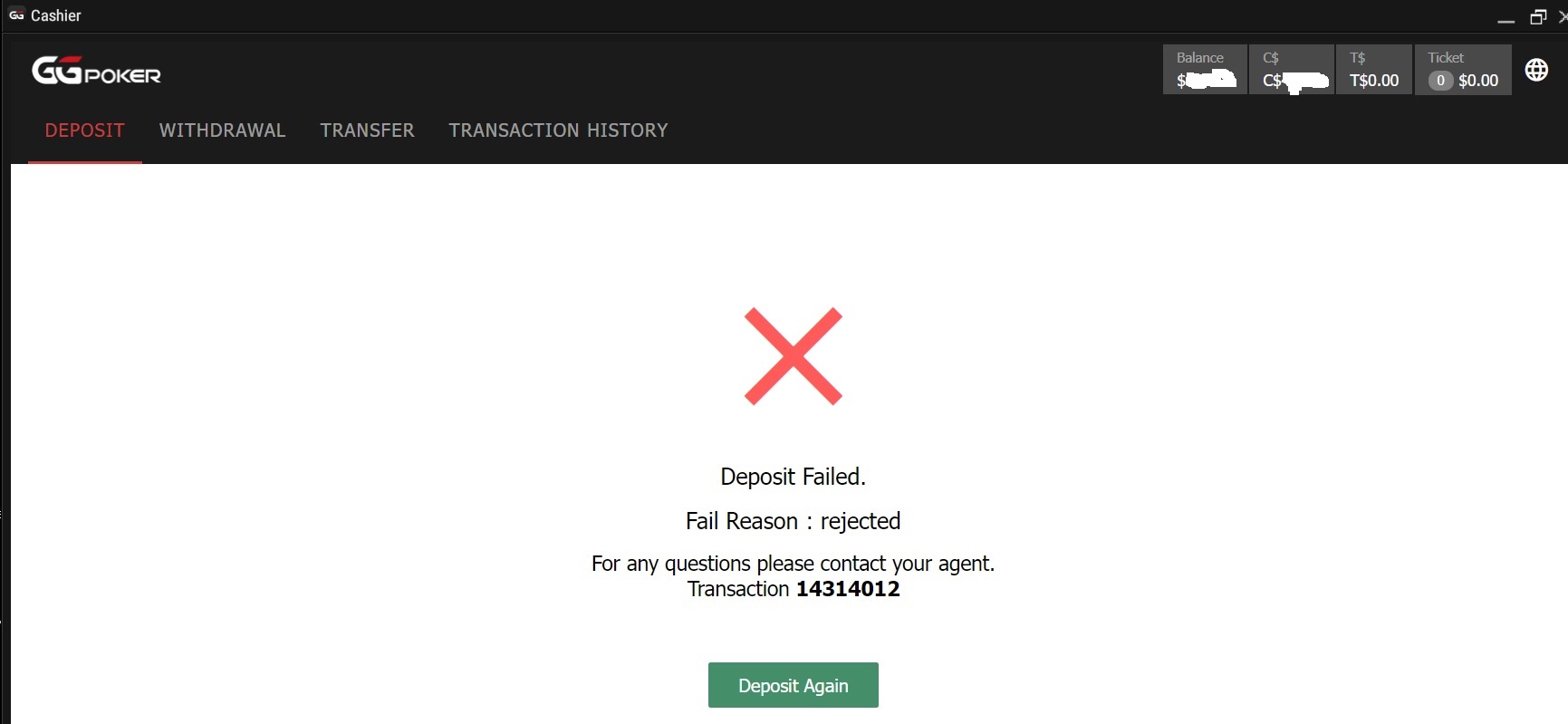 Deposit failed